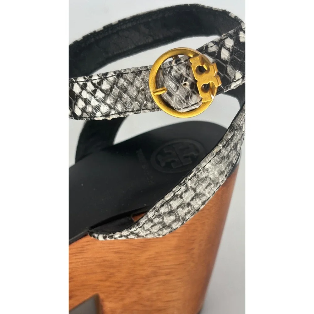 Tory Burch Heels Camilla Platform Snake Embossed Leather Wooden 7.5‎ Black White